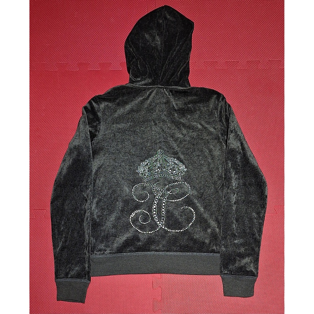 Vintage Juicy Couture Gray Velour Rhinestone Crown Zip Up Hoodie Sz L W Y2K